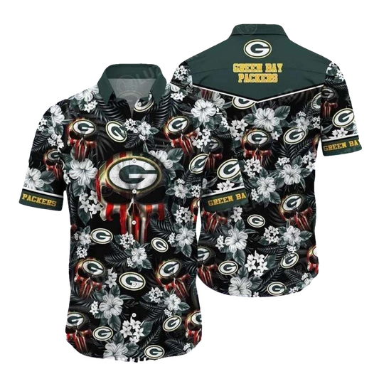 Green Bay Packers Flag Skull Floral Pattern Hawaiian Shirt - Moonbestprint