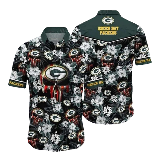 Green Bay Packers Flag Skull Floral Pattern Hawaiian Shirt - Moonbestprint