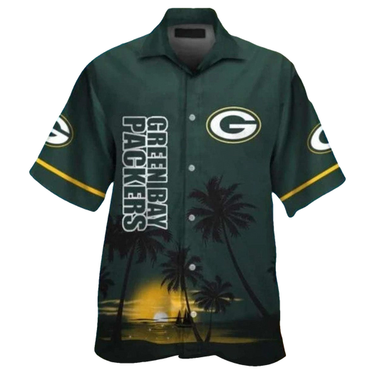 Green Bay Packers Black Palm Tree Sunset Hawaiian Shirt - Moonbestprint