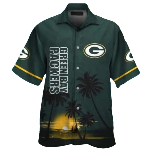Green Bay Packers Black Palm Tree Sunset Hawaiian Shirt - Moonbestprint