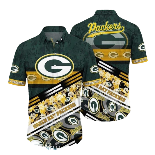 Green Bay Packers Abstract Stripes And Team Logos Hawaiian Shirt - Moonbestprint