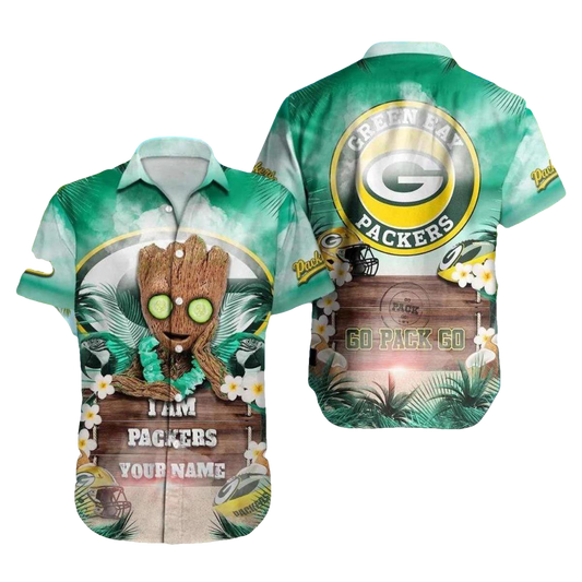 Green Bay Packers And Groot Go Pack Go Hawaiian Shirt - Moonbestprint