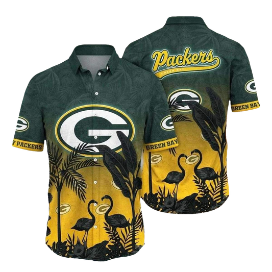 Golden Sunset Flamingos Green Bay Packers Beach Hawaiian Shirt - Moonbestprint