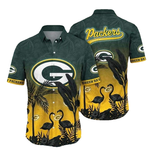 Golden Sunset Flamingos Green Bay Packers Beach Hawaiian Shirt - Moonbestprint