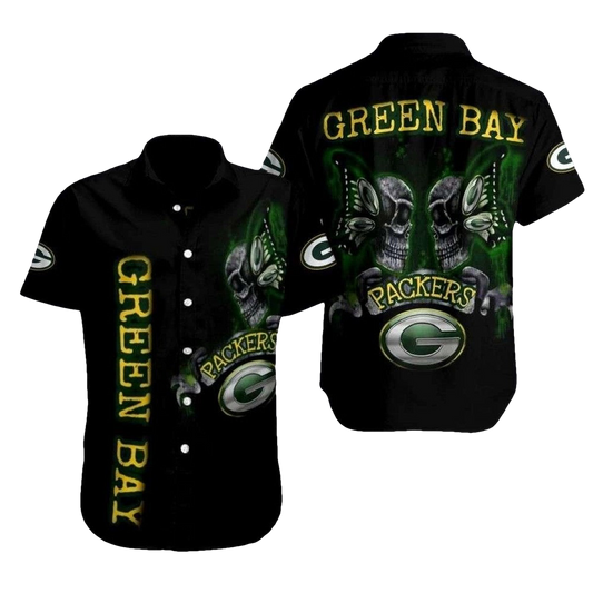 Ghoulish Green Bay Packers Tropical Skull Black Hawaiian Shirt - Moonbestprint