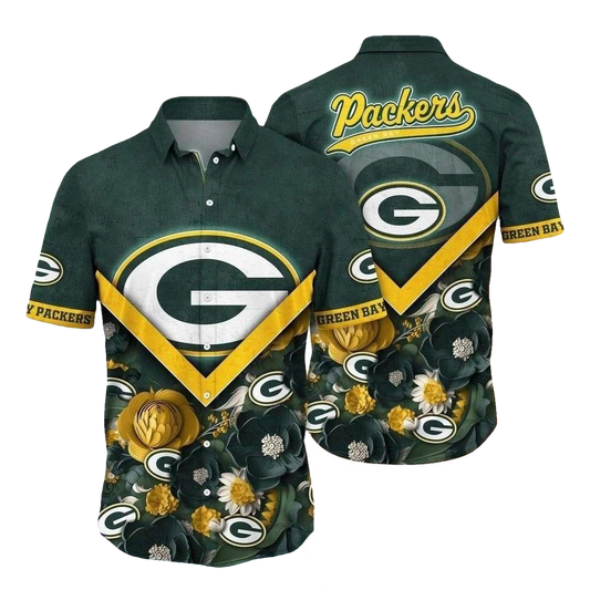 Bold Emblem Green Bay Packers With Golden Blooms Hawaiian Shirt - Moonbestprint