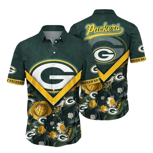 Bold Emblem Green Bay Packers With Golden Blooms Hawaiian Shirt - Moonbestprint