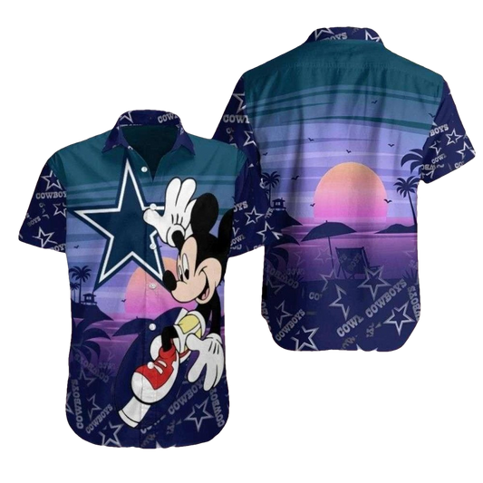 Sunset Palm Silhouette And Mickey Dallas Cowboys Hawaiian Shirt - Moonbestprint