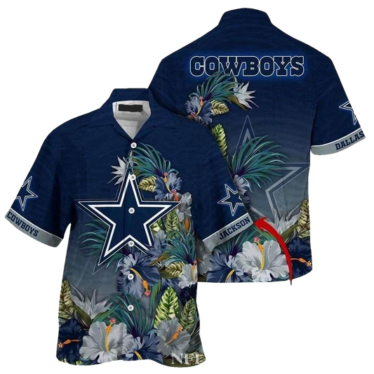 Personalized Dallas Cowboys Ropical Flower Navy Blue Hawaiian Shirt - Moonbestprint