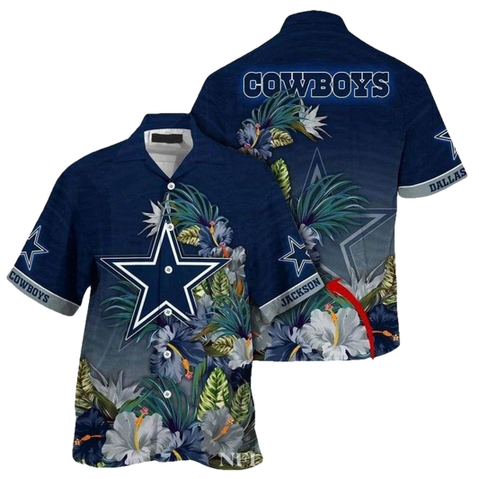 Personalized Dallas Cowboys Ropical Flower Navy Blue Hawaiian Shirt - Moonbestprint