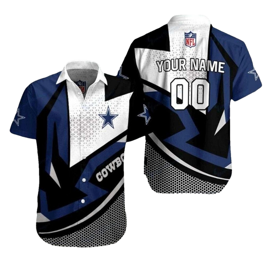 Personalized Dallas Cowboys Logo Black Blue White Halftone Hawaiian Shirt - Moonbestprint