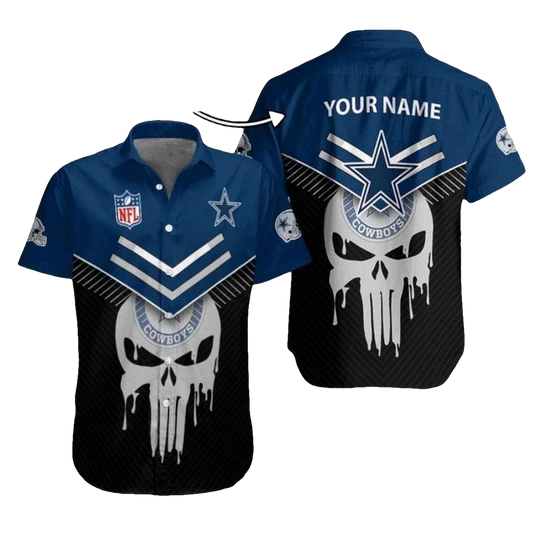 Personalized Dallas Cowboys Fearless Defender Skull Black And Blue Hawaiian Shirt - Moonbestprint