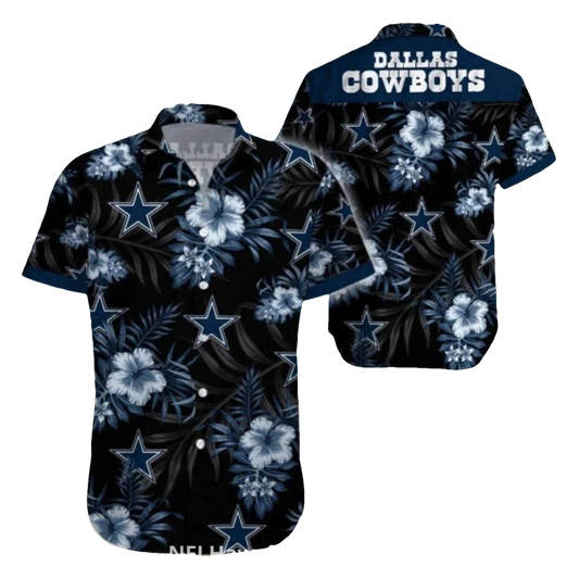 Dallas Cowboys Vintage Hibiscus Black Floral Star Pattern Hawaiian Shirt - Moonbestprint