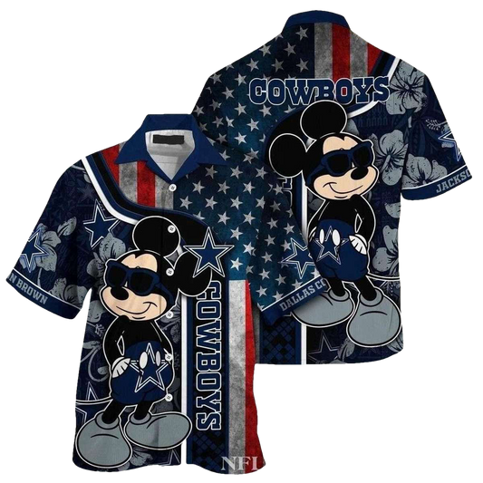 Dallas Cowboys Mickey And American Flag Hawaiian Shirt - Moonbestprint