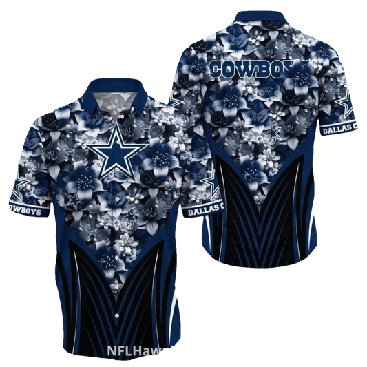 Dallas Cowboys Logo Floral Black And Blue Design Hawaiian Shirt - Moonbestprint