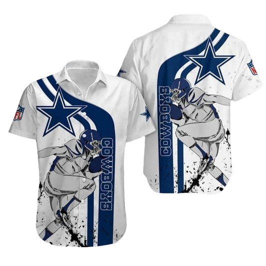 Dallas Cowboys Logo And Cartoon Player White Pattern Hawaiian Shirt - Moonbestprint