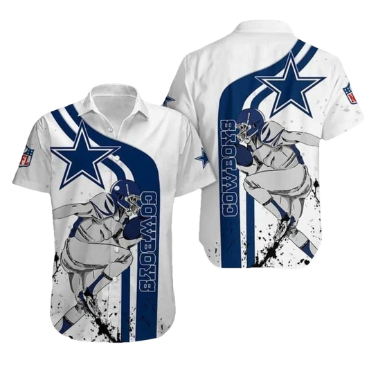 Dallas Cowboys Logo And Cartoon Player White Pattern Hawaiian Shirt - Moonbestprint