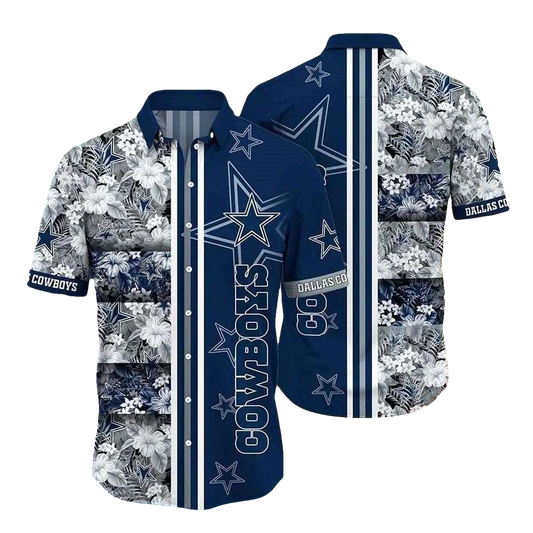 Dallas Cowboys Geometric Game Floral Blue Pattern Hawaiian Shirt - Moonbestprint