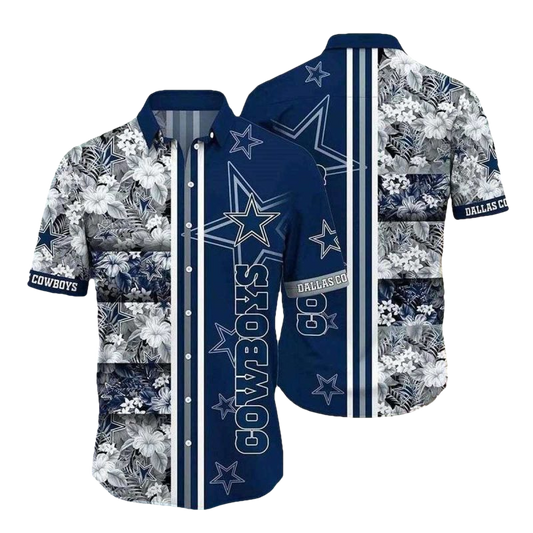 Dallas Cowboys Geometric Game Floral Blue Pattern Hawaiian Shirt - Moonbestprint
