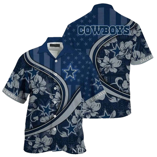 Dallas Cowboys Blue Hibiscus And Us Flag Hawaiian Shirt - Moonbestprint