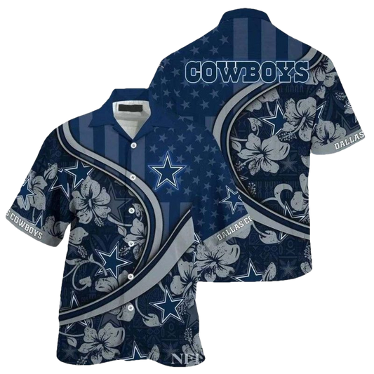 Dallas Cowboys Blue Hibiscus And Us Flag Hawaiian Shirt - Moonbestprint