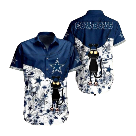 Dallas Cowboys Black Cat And Palm Leaves Hawaiian Shirt - Moonbestprint