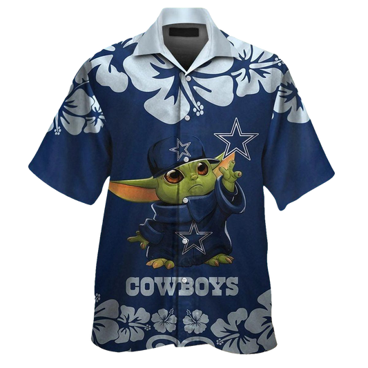 Dallas Cowboys Baby Yoda And Hibiscus Blue Pattern Hawaiian Shirt - Moonbestprint