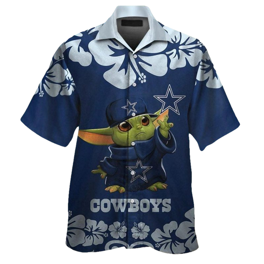 Dallas Cowboys Baby Yoda And Hibiscus Blue Pattern Hawaiian Shirt - Moonbestprint