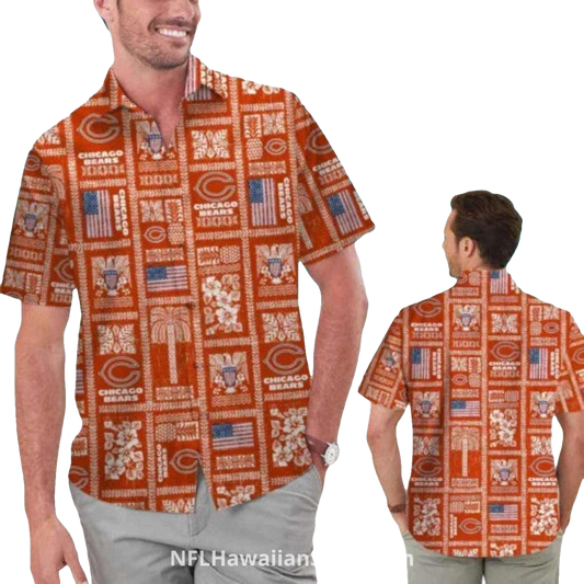 Vintage Patchwork Chicago Bears Aloha Shirt In Rustic Orange - Moonbestprint