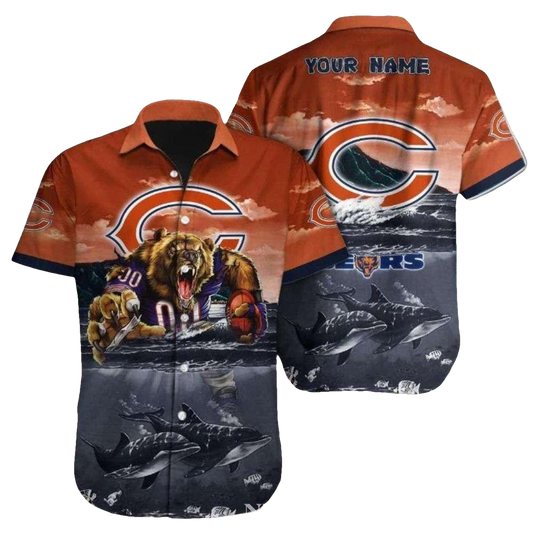 Personalized Sunset Orange Chicago Bears And Dolphin Oceanic Hawaiian Shirt For Men - Moonbestprint