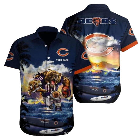 Personalized Chicago Bears Sunset Football And Bear Mascot Tropical Hawaiian Shirt - Moonbestprint