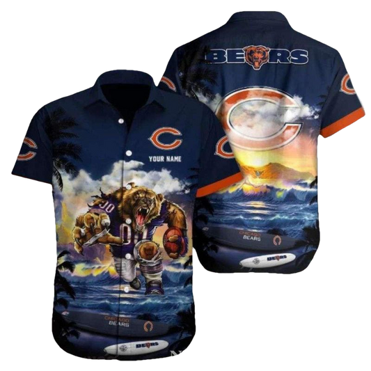Personalized Chicago Bears Sunset Football And Bear Mascot Tropical Hawaiian Shirt - Moonbestprint