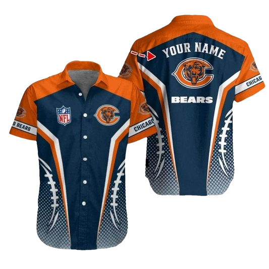 Personalized Chicago Bears Logo Blue And Orange Halftone Pattern Hawaiian Shirt - Moonbestprint