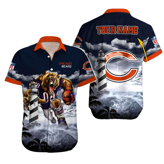 Personalized Chicago Bears Logo And Mascot Wave Pattern Hawaiian Shirt - Moonbestprint