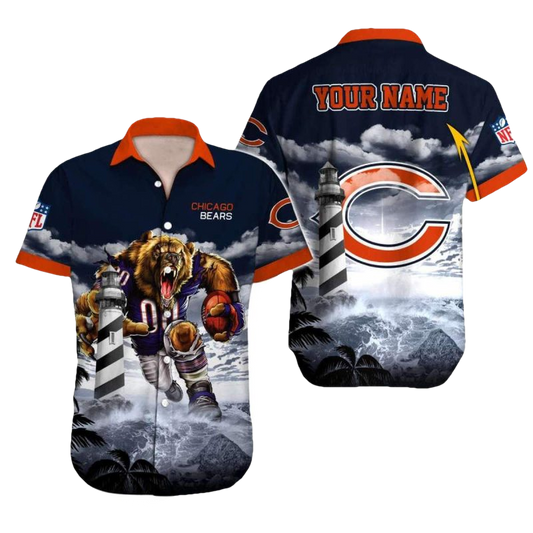 Personalized Chicago Bears Logo And Mascot Wave Pattern Hawaiian Shirt - Moonbestprint