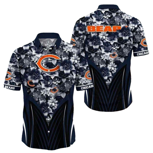 Monochrome Hibiscus Elegance Chicago Bears Hawaiian Shirt - Moonbestprint