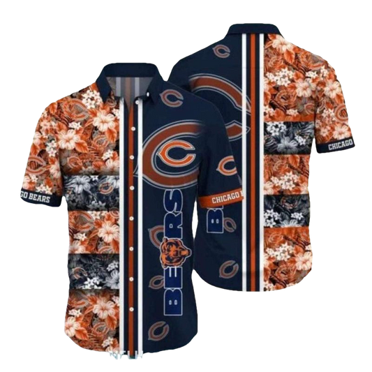 Chicago Bears With Floral And Striped Design Hawaiian Shirt - Moonbestprint