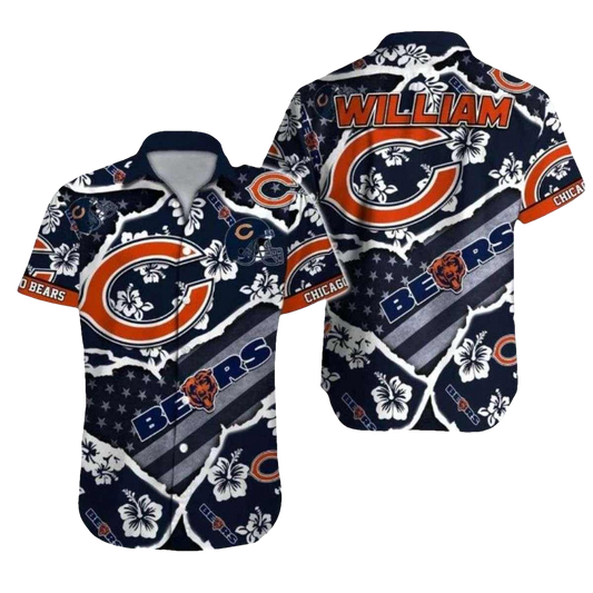 Chicago Bears US Flag And Hibiscus Hawaiian Shirt - Moonbestprint