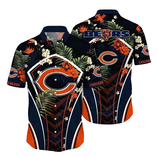 Chicago Bears Tropical Touchdown Navy Pattern Hawaiian Shirt - Moonbestprint