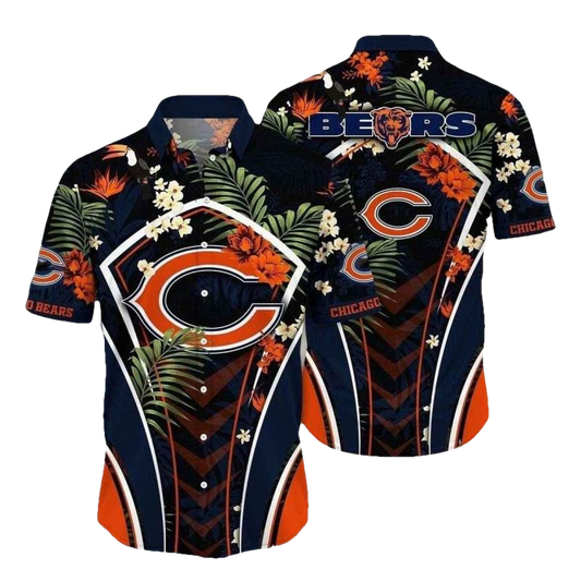 Chicago Bears Tropical Touchdown Navy Pattern Hawaiian Shirt - Moonbestprint