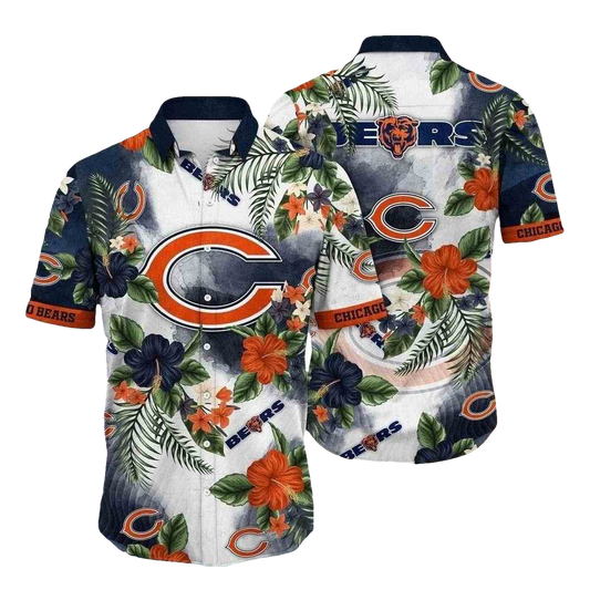 Chicago Bears Tropical Game Day Blue And Orange Hibiscus Hawaiian Shirt - Moonbestprint