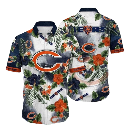 Chicago Bears Tropical Game Day Blue And Orange Hibiscus Hawaiian Shirt - Moonbestprint
