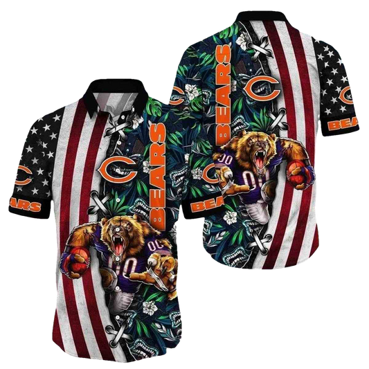 Chicago Bears ropical Bear Roar And US Flag Hawaiian Shirt - Moonbestprint