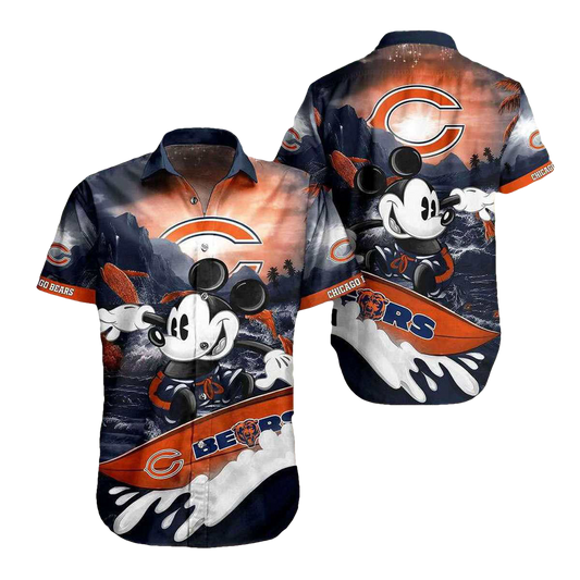 Chicago Bears Mickey Mouse Surfing Sunset Pattern Hawaiian Shirt - Moonbestprint