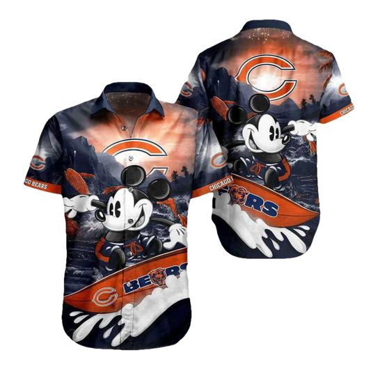 Chicago Bears Mickey Mouse Surfing Sunset Pattern Hawaiian Shirt - Moonbestprint