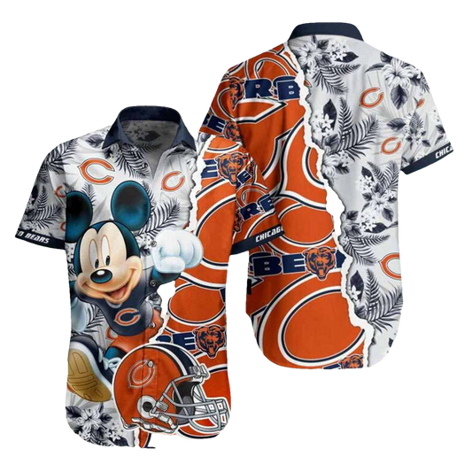 Chicago Bears Mickey Mouse And Helmet Logo Floral Hawaiian Shirt - Moonbestprint