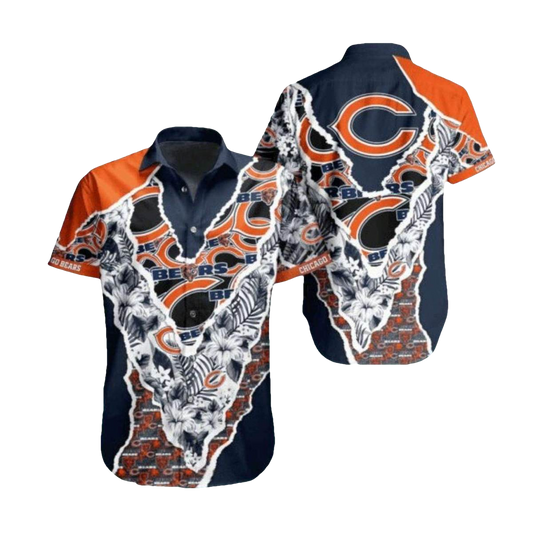 Chicago Bears Logo With Ripped Effect And Floral Hawaiian Shirt - Moonbestprint