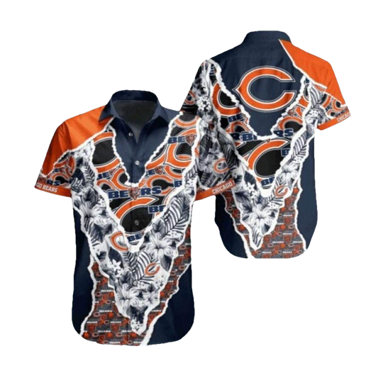 Chicago Bears Logo With Ripped Effect And Floral Hawaiian Shirt - Moonbestprint