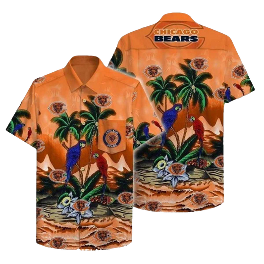 Chicago Bears Logo With Parrots And Tropical Island Hawaiian Shirt - Moonbestprint