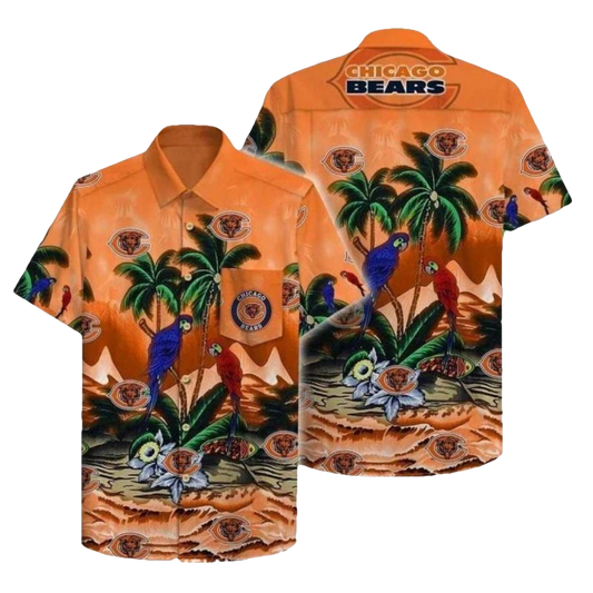 Chicago Bears Logo With Parrots And Tropical Island Hawaiian Shirt - Moonbestprint
